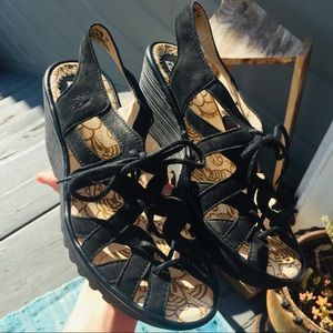 Fly London black lace up wedge sandals